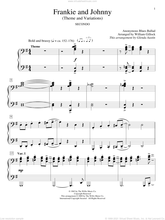 Frankie And Johnny sheet music for piano four hands by William Gillock and Glenda Austin, intermediate skill level