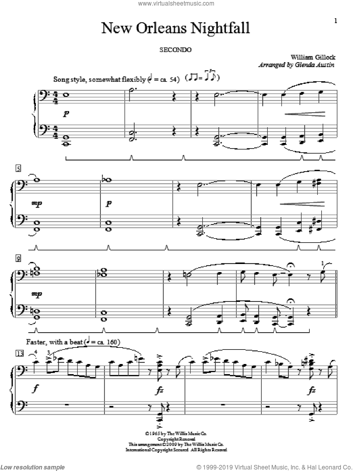 New Orleans Nightfall sheet music for piano four hands by William Gillock and Glenda Austin, intermediate skill level