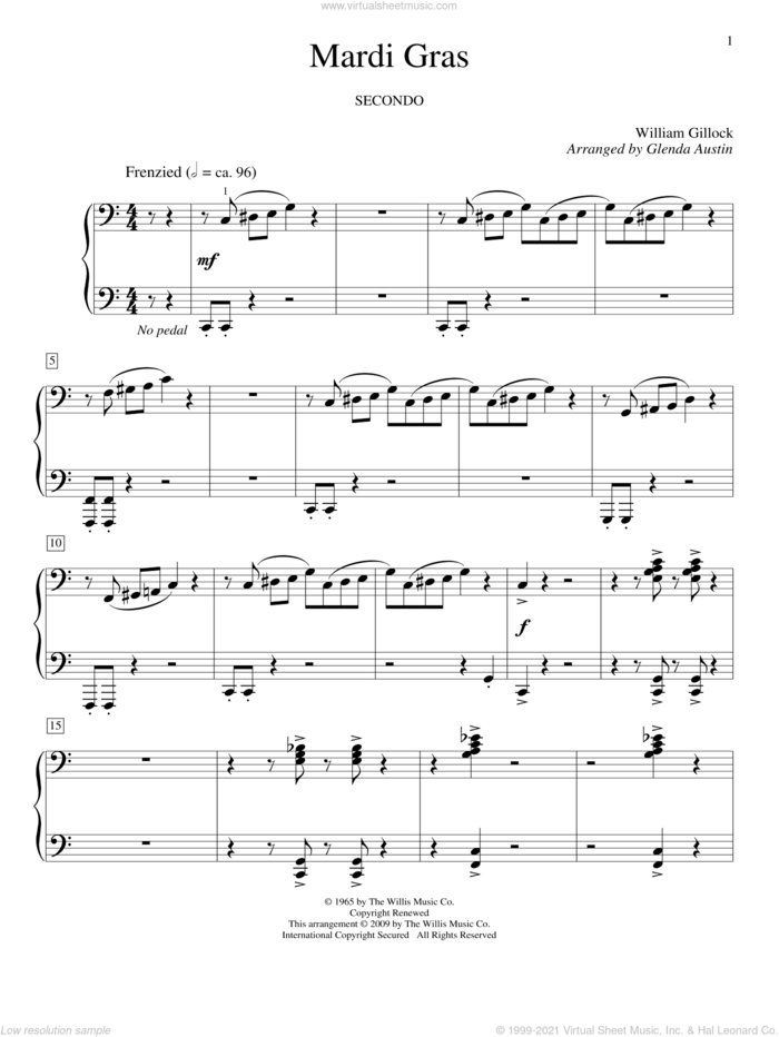 Mardi Gras sheet music for piano four hands by William Gillock and Glenda Austin, intermediate skill level