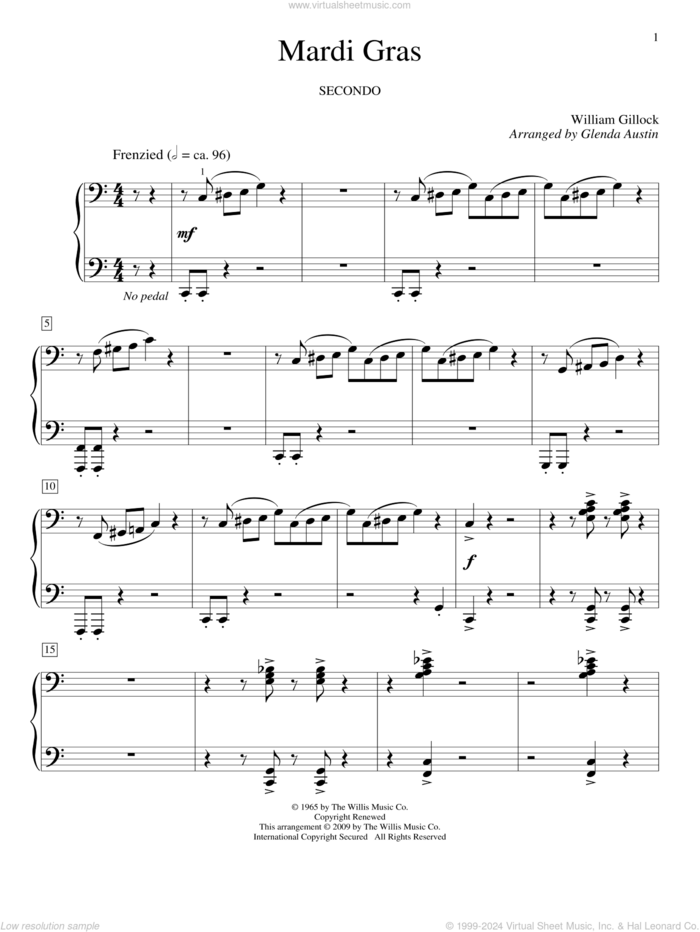 Mardi Gras sheet music for piano four hands by William Gillock and Glenda Austin, intermediate skill level