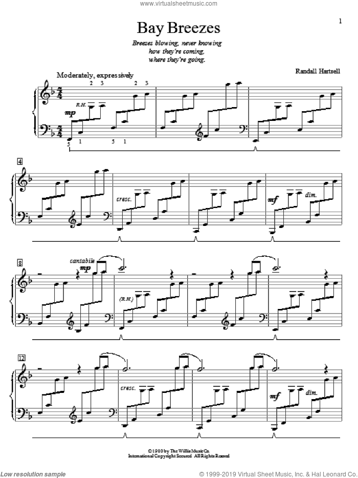 Bay Breezes sheet music for piano solo (elementary) by Randall Hartsell, beginner piano (elementary)