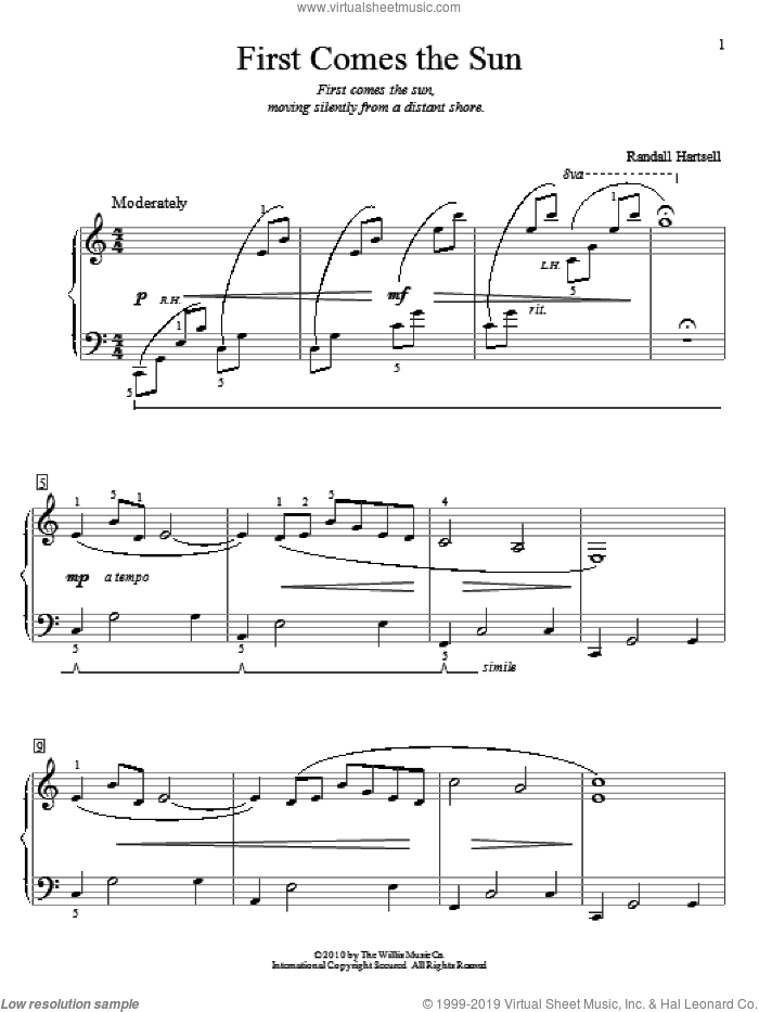 First Comes The Sun sheet music for piano solo (elementary) by Randall Hartsell, beginner piano (elementary)
