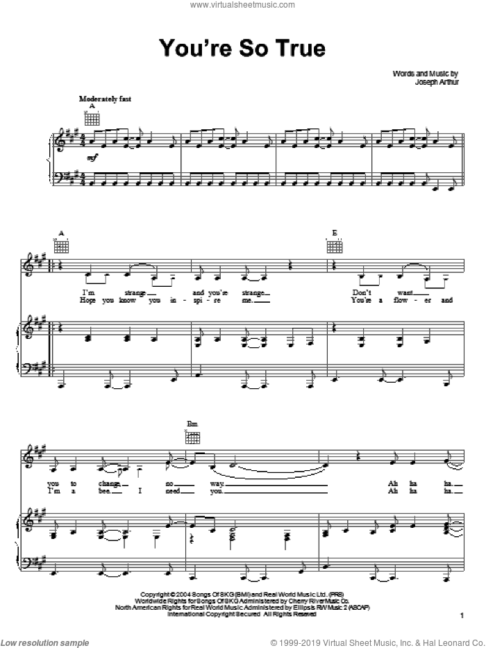 You're So True sheet music for voice, piano or guitar by Joseph Arthur and Shrek 2 (Movie), intermediate skill level
