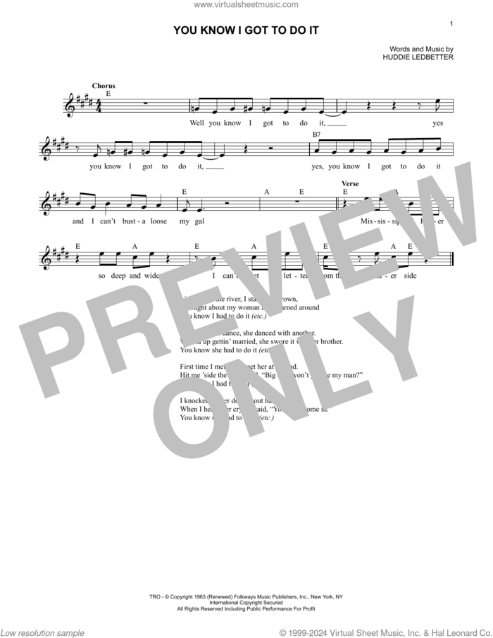 You Know I Got To Do It sheet music for voice and other instruments (fake book) by Lead Belly and Huddie Ledbetter, intermediate skill level