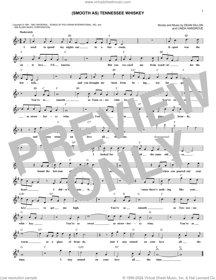 Tennessee Whiskey sheet music for voice and other instruments (fake book) by Chris Stapleton, George Jones, Dean Dillon and Linda Hargrove, intermediate skill level