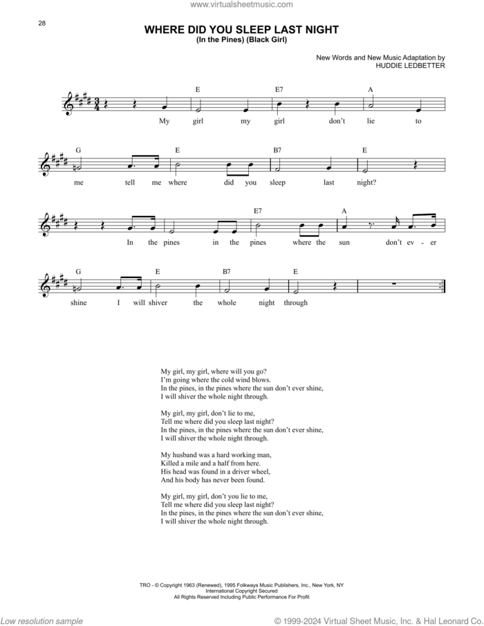 Where Did You Sleep Last Night sheet music for voice and other instruments (fake book) by Lead Belly and Huddie Ledbetter, intermediate skill level