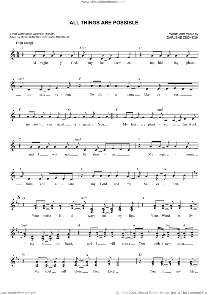 All Things Are Possible sheet music for voice and other instruments (fake book) by Hillsong Worship and Darlene Zschech, intermediate skill level