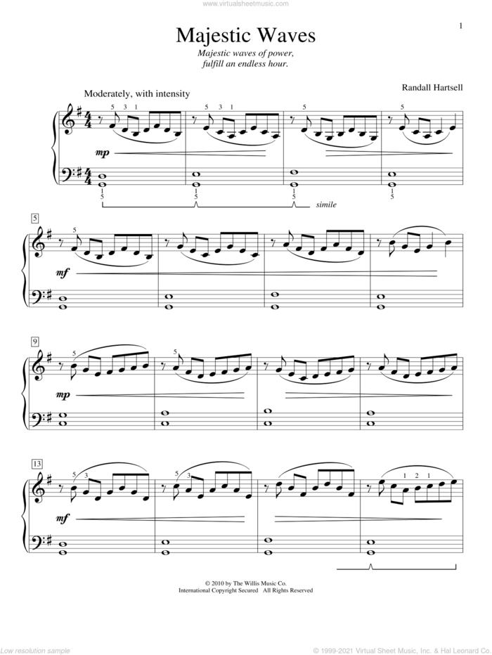 Majestic Waves sheet music for piano solo (elementary) by Randall Hartsell, beginner piano (elementary)
