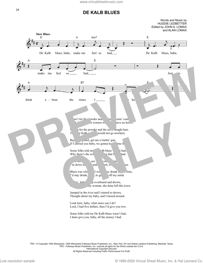 De Kalb Blues sheet music for voice and other instruments (fake book) by Lead Belly, Alan Lomax (ed.), Huddie Ledbetter and John A. Lomax (ed.), intermediate skill level