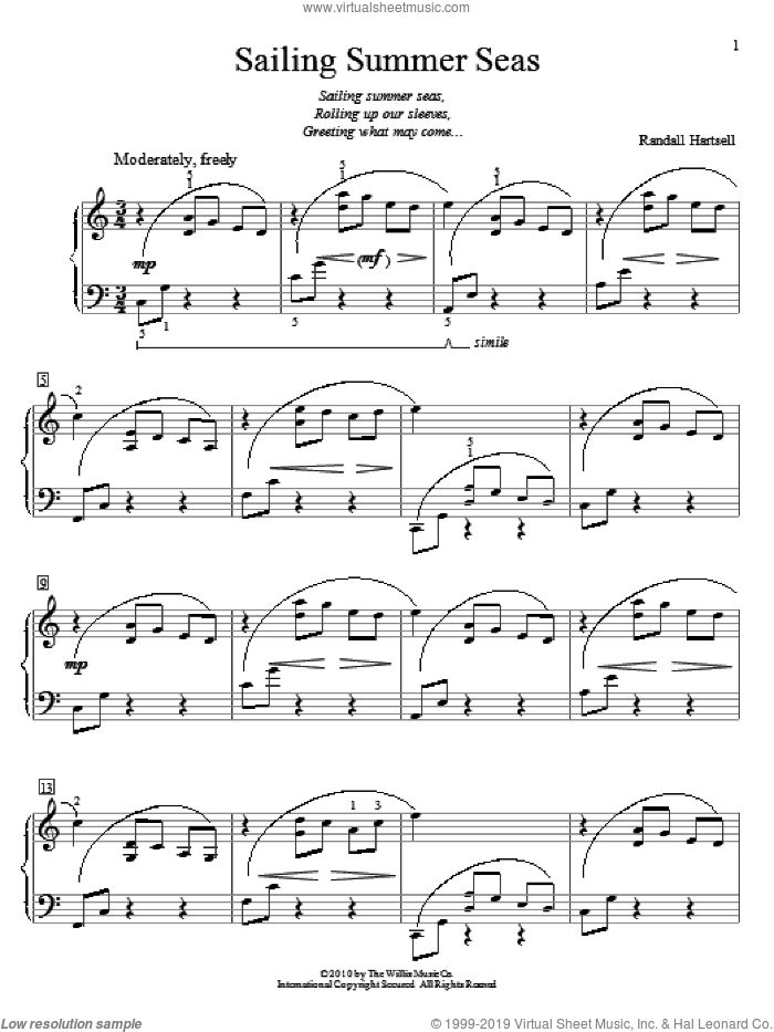 Sailing Summer Seas sheet music for piano solo (elementary) by Randall Hartsell, beginner piano (elementary)