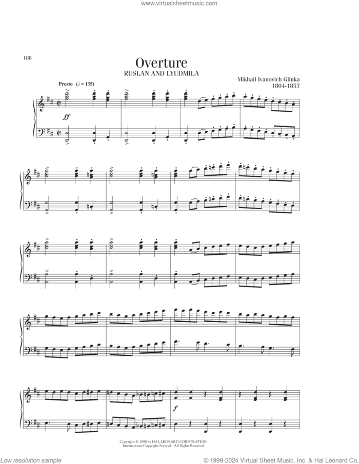 Overture sheet music for piano solo by Mikhail Ivanovich Glinka, classical score, intermediate skill level