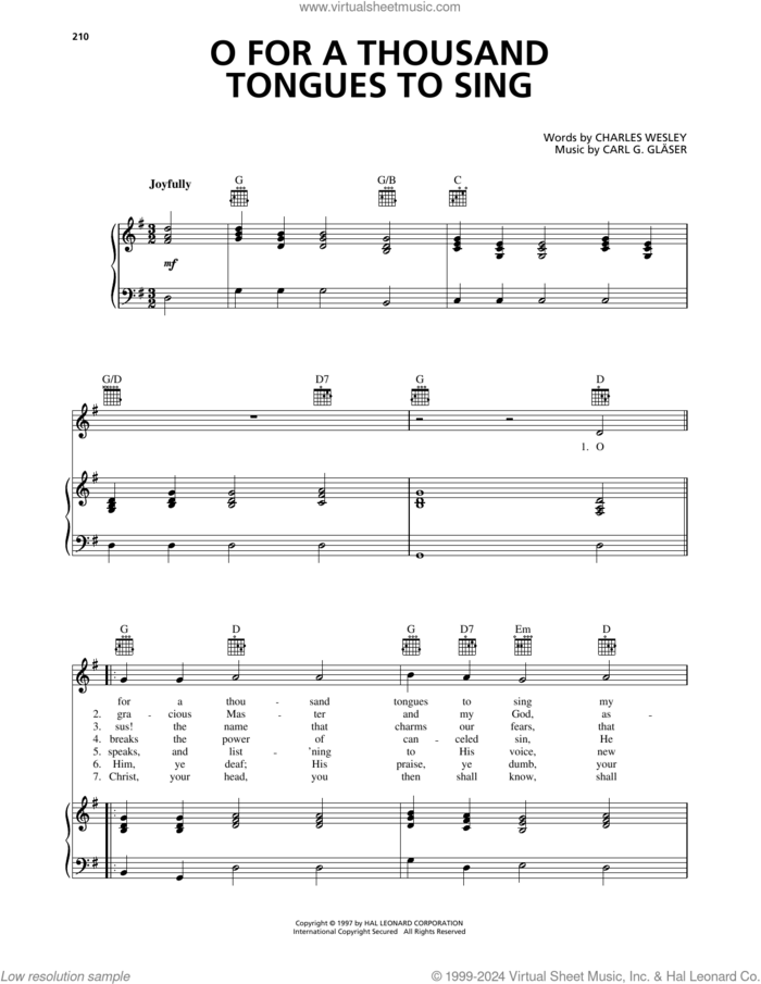 O For A Thousand Tongues To Sing sheet music for voice, piano or guitar by Charles Wesley, Carl G. Glaser and Lowell Mason, intermediate skill level