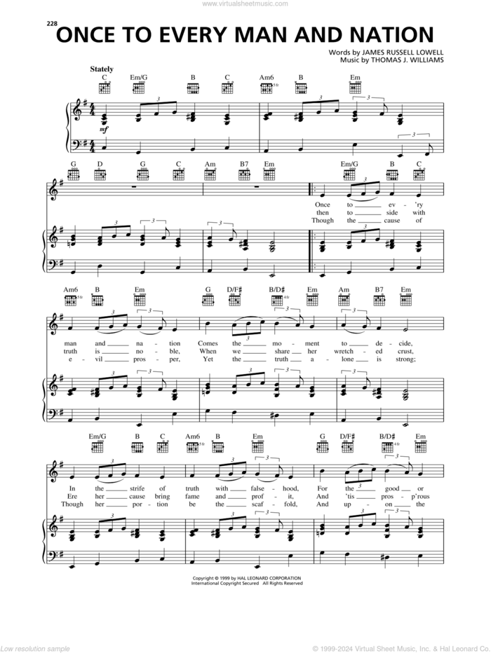 Once To Every Man And Nation sheet music for voice, piano or guitar by James Russell Lowell and Thomas J. Williams, intermediate skill level