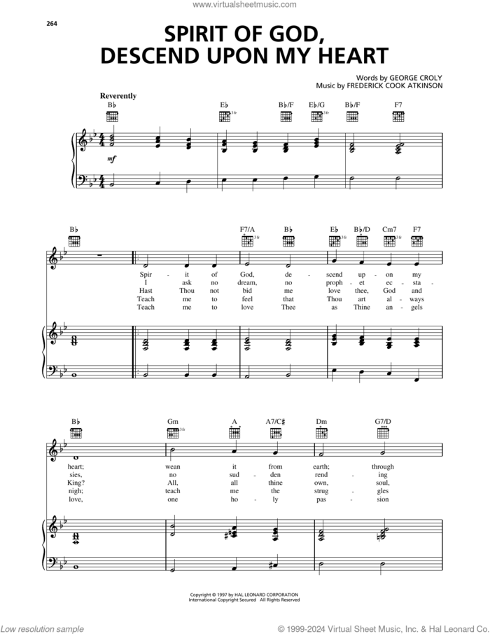 Spirit Of God, Descend Upon My Heart sheet music for voice, piano or guitar by George Croly and Frederick Cook Atkinson, intermediate skill level
