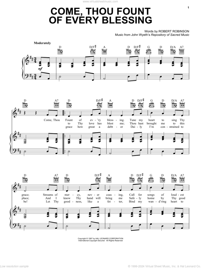 Come, Thou Fount Of Every Blessing sheet music for voice, piano or guitar by Robert Robinson and John Wyeth, intermediate skill level