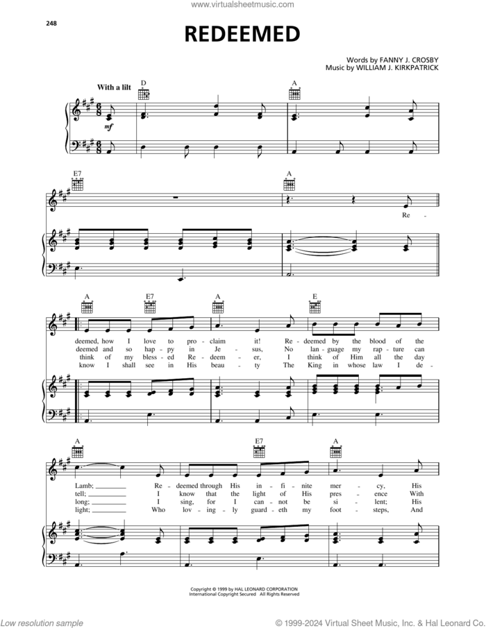 Redeemed sheet music for voice, piano or guitar by William J. Kirkpatrick and Fanny J. Crosby, intermediate skill level