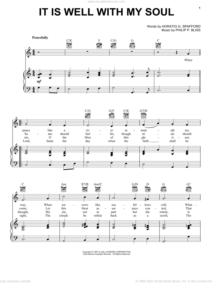 It Is Well With My Soul sheet music for voice, piano or guitar by Philip P. Bliss, Mary Ellen Pethel, Stan Pethel and Horatio G. Spafford, intermediate skill level