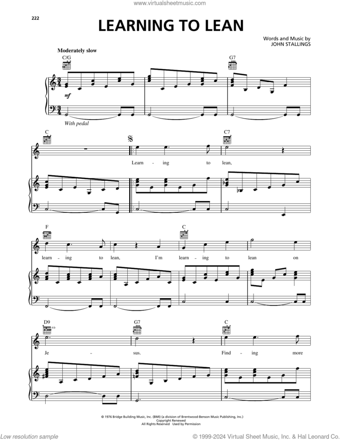 Learning To Lean sheet music for voice, piano or guitar by John Stallings, intermediate skill level