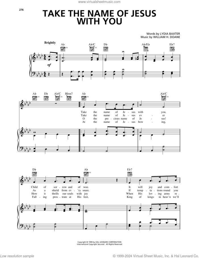 Take The Name Of Jesus With You sheet music for voice, piano or guitar by William H. Doane and Lydia Baxter, intermediate skill level
