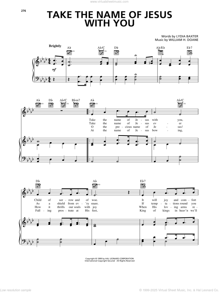 Take The Name Of Jesus With You sheet music for voice, piano or guitar by William H. Doane and Lydia Baxter, intermediate skill level