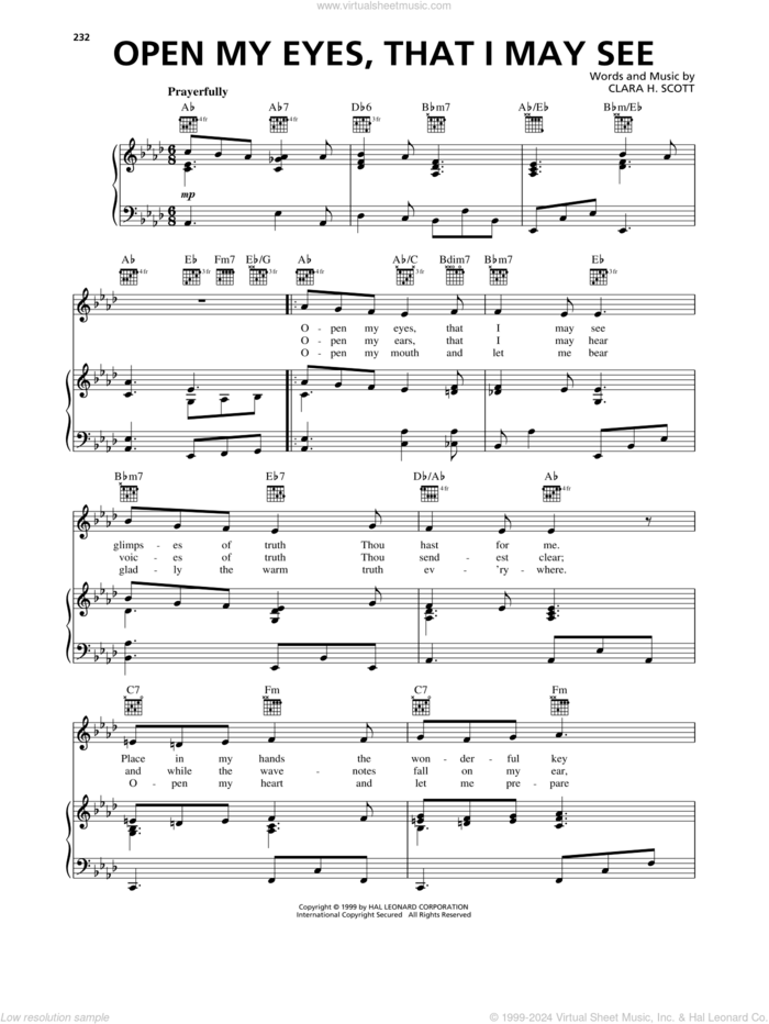 Open My Eyes, That I May See sheet music for voice, piano or guitar by Clara H. Scott, intermediate skill level