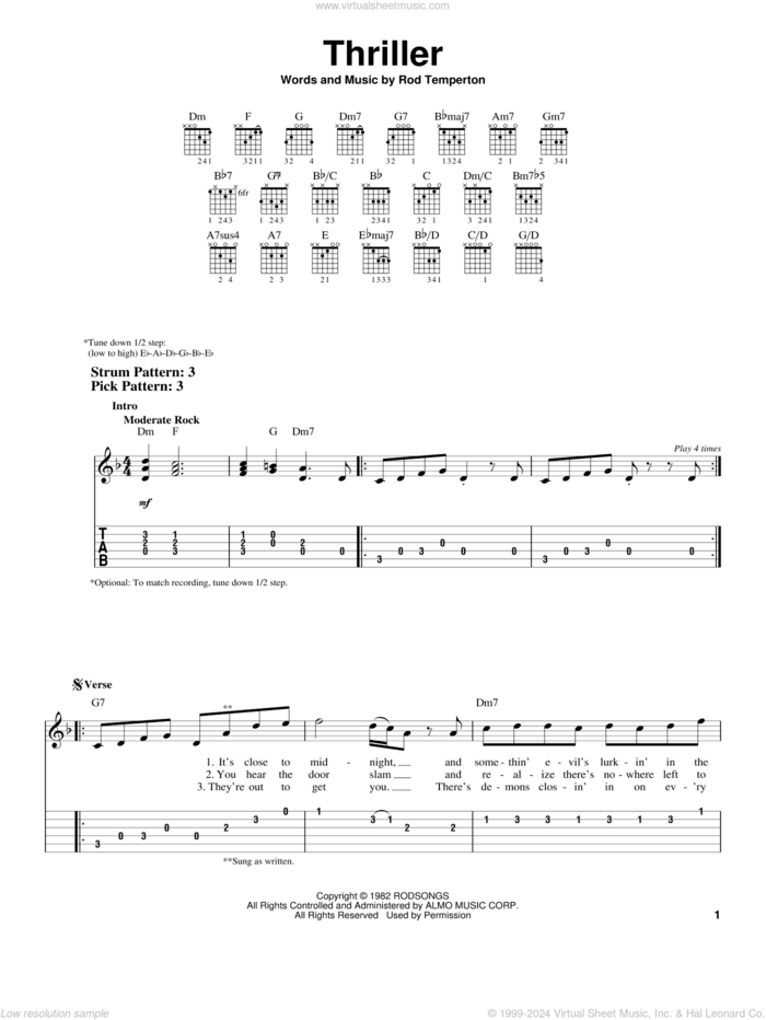 Thriller sheet music for guitar solo (easy tablature) by Michael Jackson and Rod Temperton, easy guitar (easy tablature)