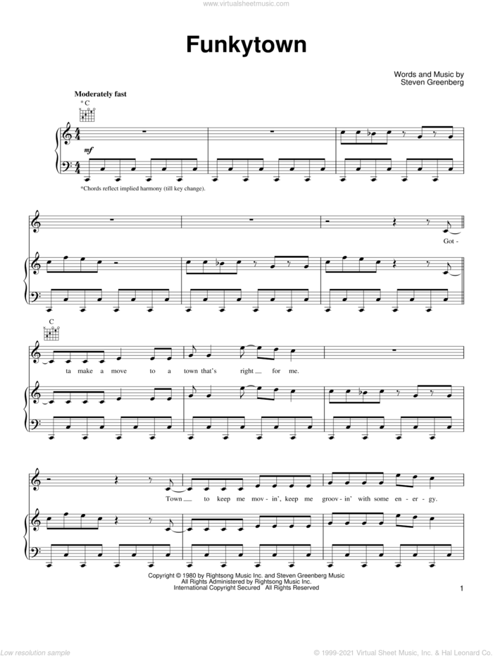 Funkytown sheet music for voice, piano or guitar by Lipps Inc., Shrek 2 (Movie) and Steven Greenberg, intermediate skill level