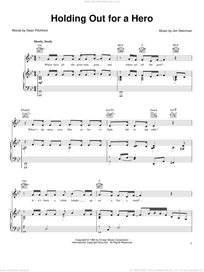 Holding Out For A Hero sheet music for voice, piano or guitar by Frou Frou, Bonnie Tyler, Shrek 2 (Movie), Dean Pitchford and Jim Steinman, intermediate skill level
