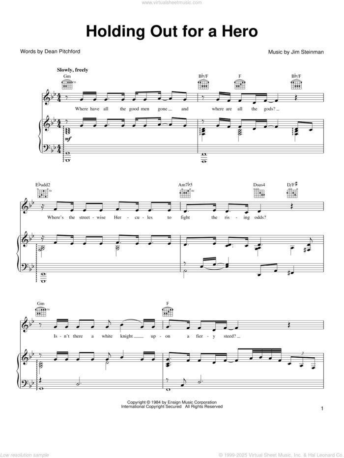 Holding Out For A Hero sheet music for voice, piano or guitar by Frou Frou, Bonnie Tyler, Shrek 2 (Movie), Dean Pitchford and Jim Steinman, intermediate skill level