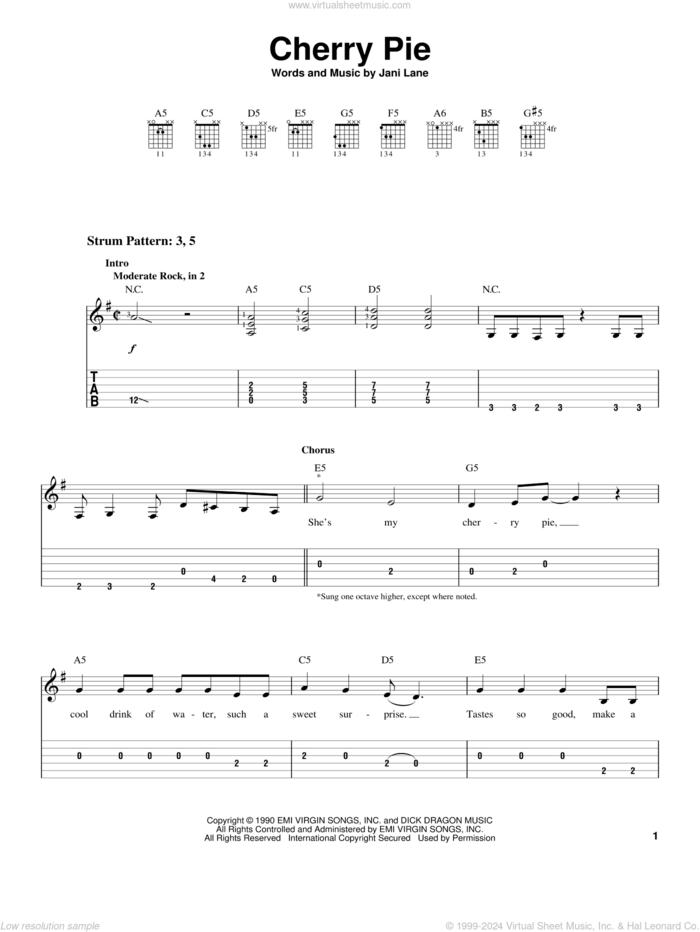 Cherry Pie sheet music for guitar solo (easy tablature) by Warrant and Jani Lane, easy guitar (easy tablature)