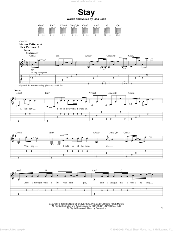 Stay sheet music for guitar solo (easy tablature) by Lisa Loeb, easy guitar (easy tablature)