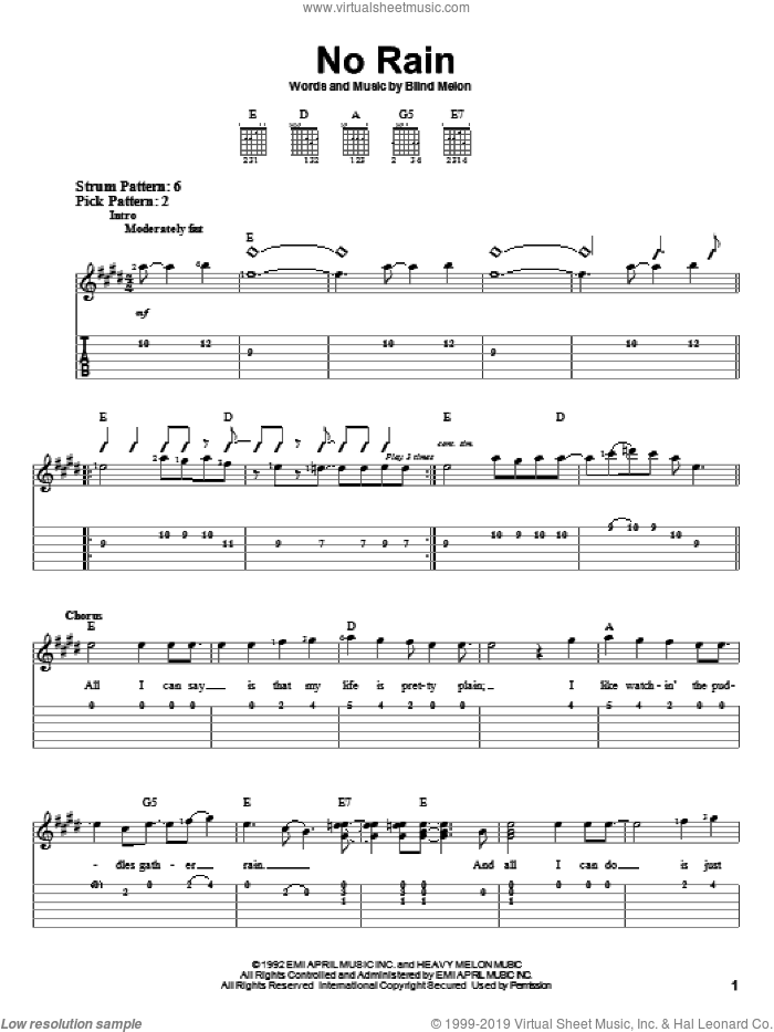 No Rain sheet music for guitar solo (easy tablature) by Blind Melon, easy guitar (easy tablature)
