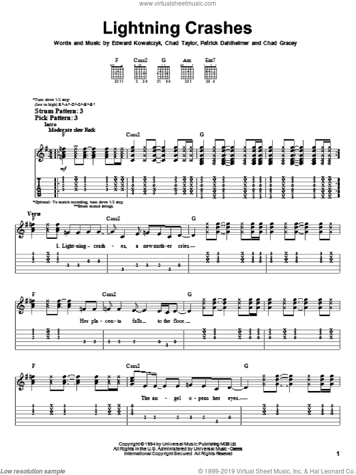 Lightning Crashes sheet music for guitar solo (easy tablature) by Live, Chad Gracey, Chad Taylor, Edward Kowalczyk and Patrick Dahlheimer, easy guitar (easy tablature)