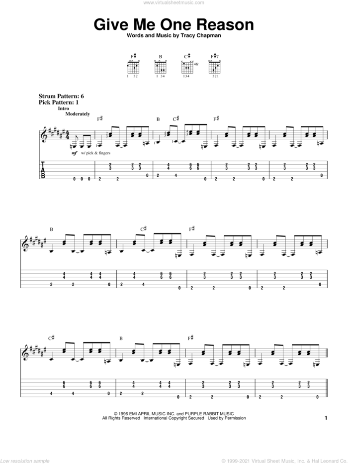 Give Me One Reason sheet music for guitar solo (easy tablature) by Tracy Chapman, easy guitar (easy tablature)