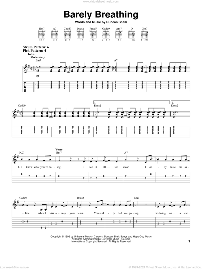 Barely Breathing sheet music for guitar solo (easy tablature) by Duncan Sheik, easy guitar (easy tablature)