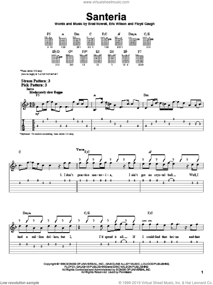 Santeria sheet music for guitar solo (easy tablature) by Sublime, Brad Nowell, Eric Wilson and Floyd Gaugh, easy guitar (easy tablature)