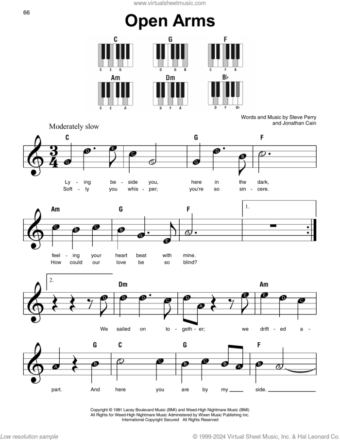Open Arms sheet music for piano solo by Journey, Jonathan Cain and Steve Perry, beginner skill level