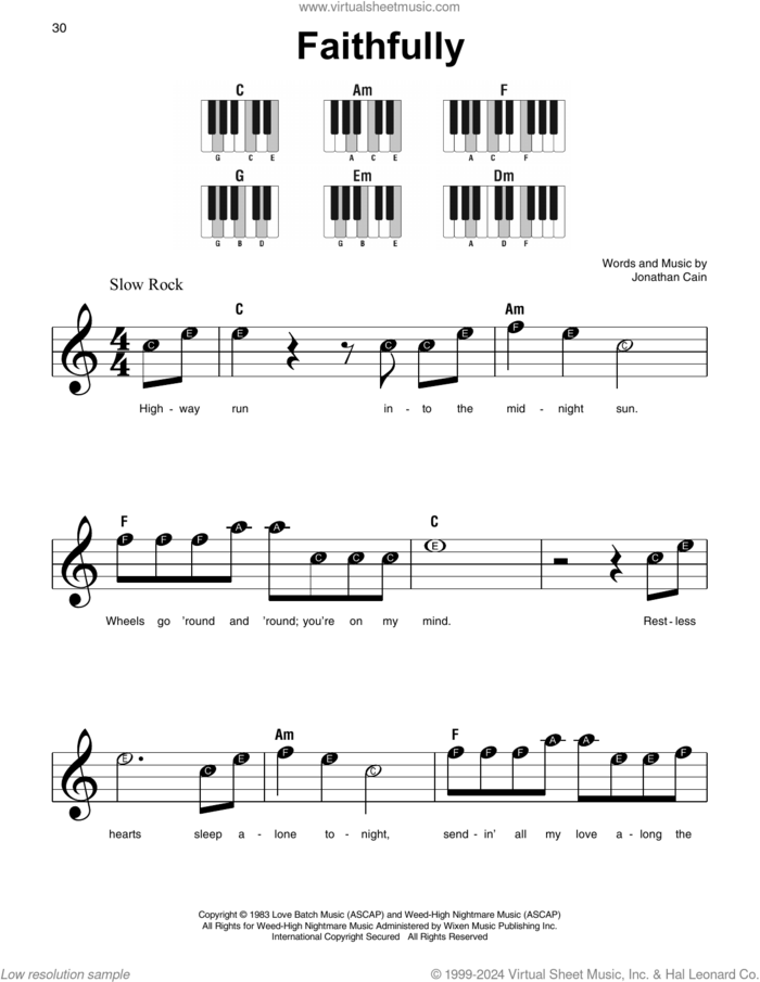 Faithfully sheet music for piano solo by Journey and Jonathan Cain, beginner skill level