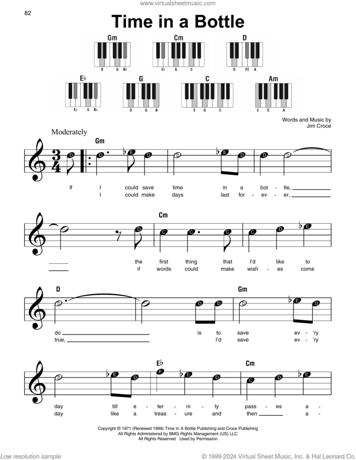 Time In A Bottle sheet music for piano solo by Jim Croce, beginner skill level