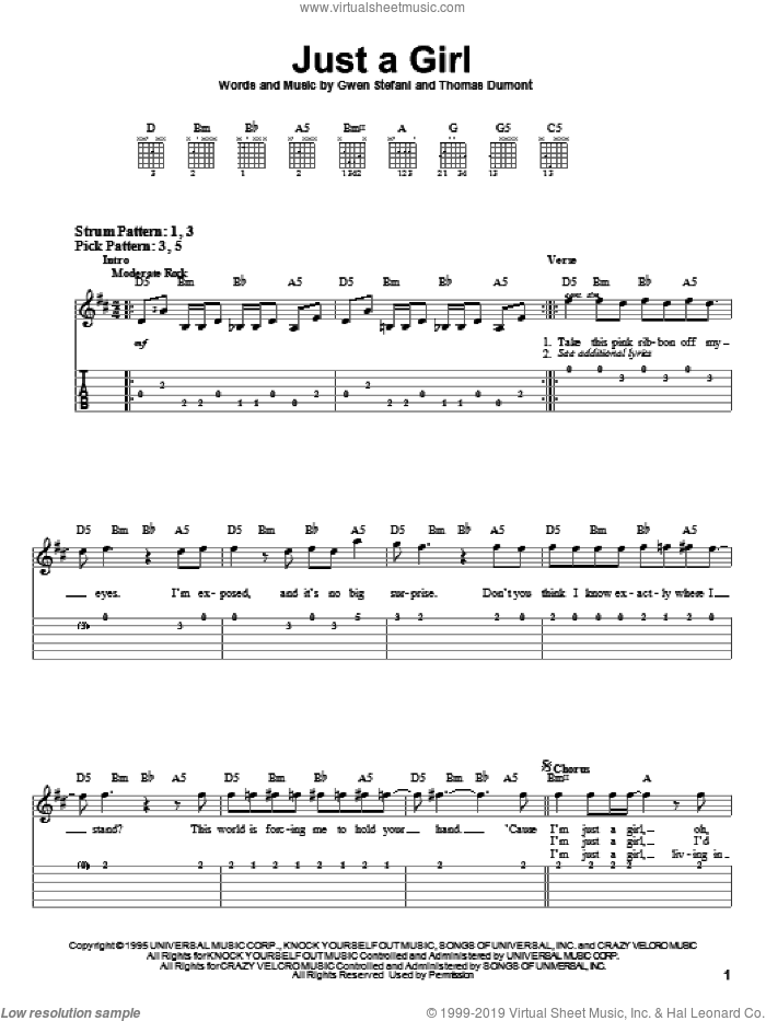 Just A Girl sheet music for guitar solo (easy tablature) by No Doubt, Gwen Stefani and Tom Dumont, easy guitar (easy tablature)