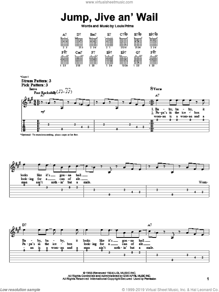 Jump, Jive An' Wail sheet music for guitar solo (easy tablature) by Louis Prima and Brian Setzer, easy guitar (easy tablature)
