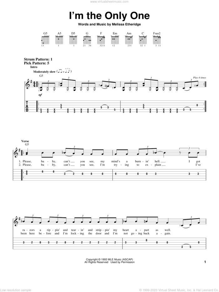 I'm The Only One sheet music for guitar solo (easy tablature) by Melissa Etheridge, easy guitar (easy tablature)