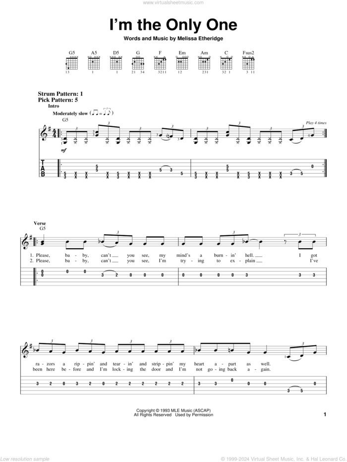 I'm The Only One sheet music for guitar solo (easy tablature) by Melissa Etheridge, easy guitar (easy tablature)