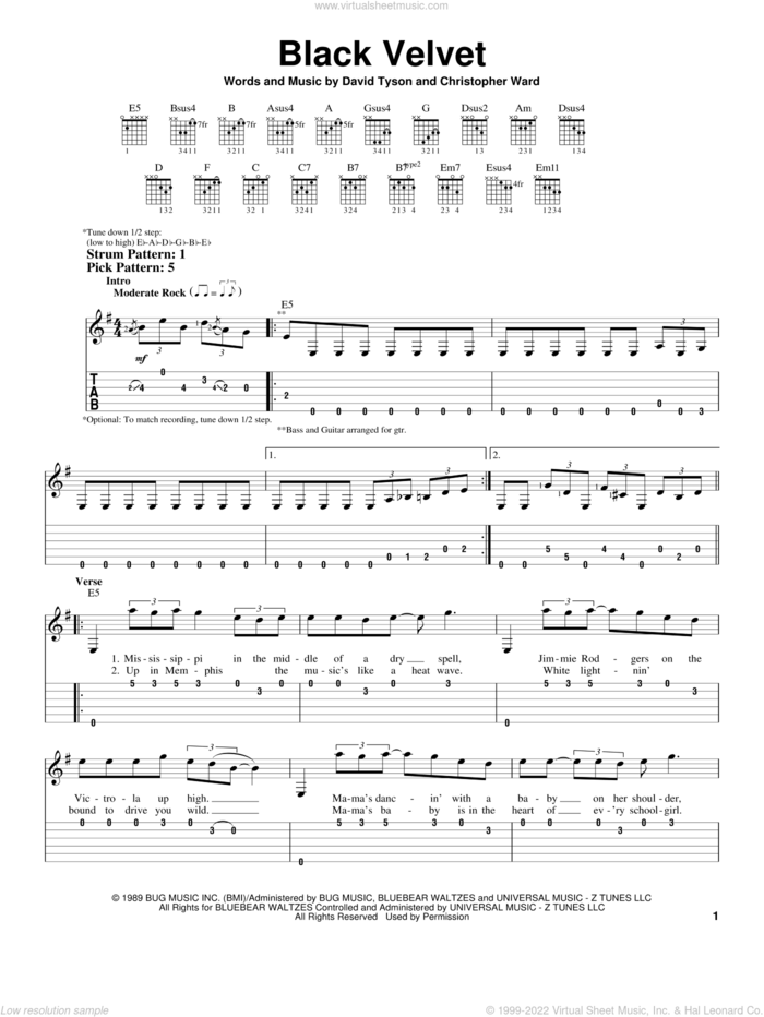 Black Velvet sheet music for guitar solo (easy tablature) by Alannah Myles, Christopher Ward and David Tyson, easy guitar (easy tablature)