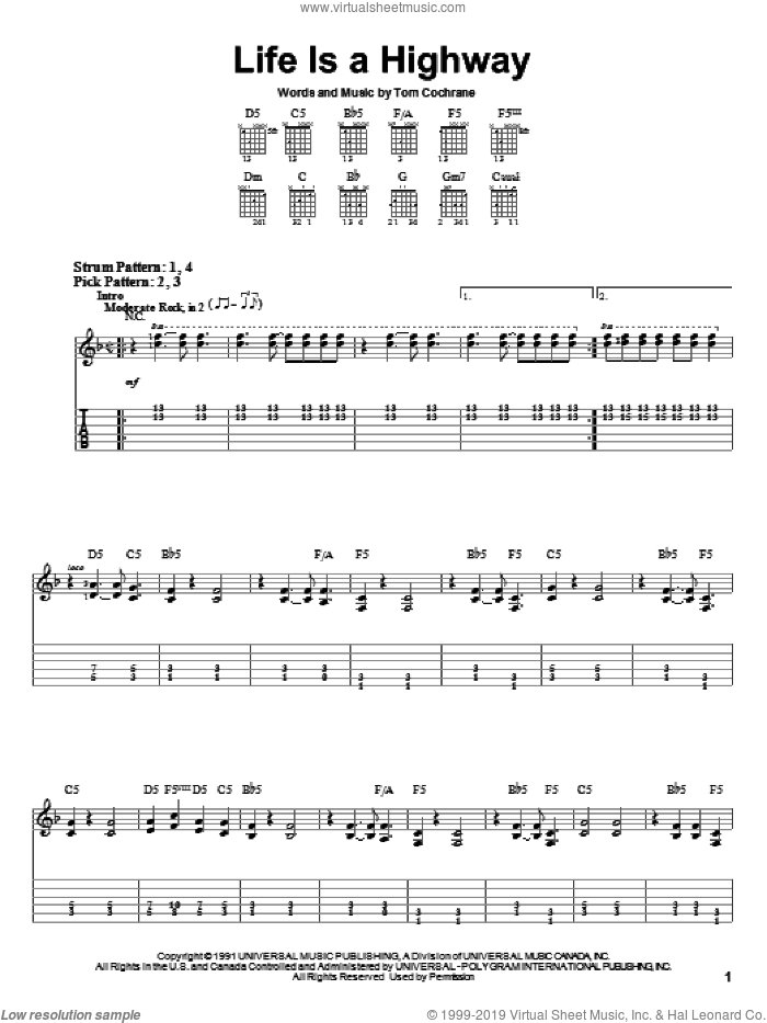 Life Is A Highway sheet music for guitar solo (easy tablature) by Tom Cochrane and Rascal Flatts, easy guitar (easy tablature)
