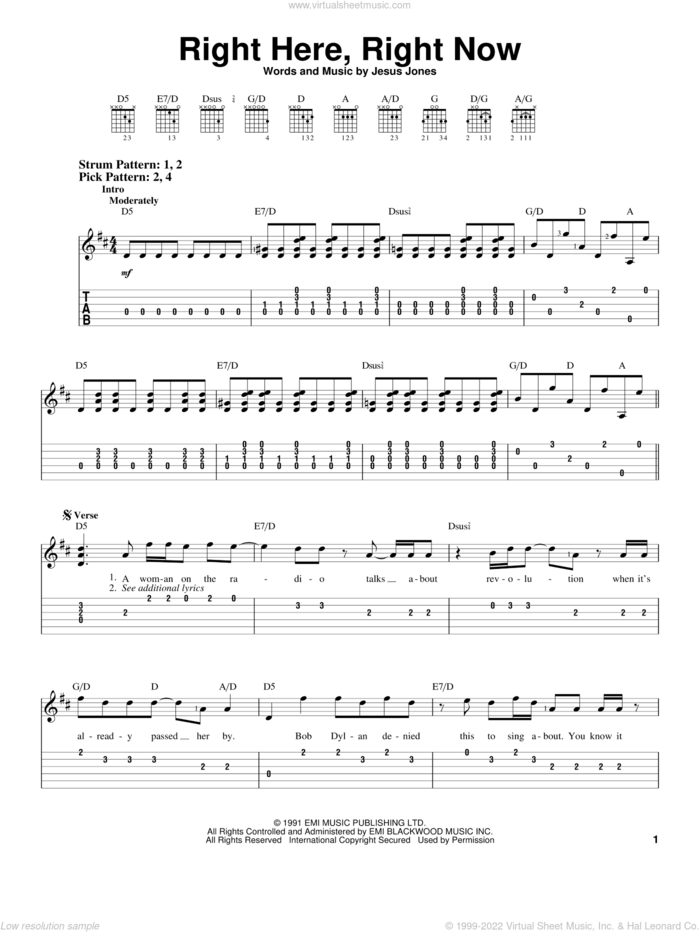 Right Here, Right Now sheet music for guitar solo (easy tablature) by Jesus Jones, easy guitar (easy tablature)