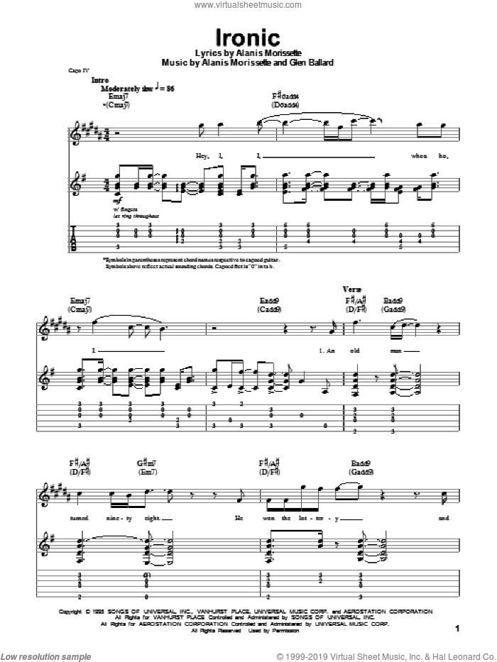 Ironic sheet music for guitar (tablature, play-along) by Alanis Morissette and Glen Ballard, intermediate skill level