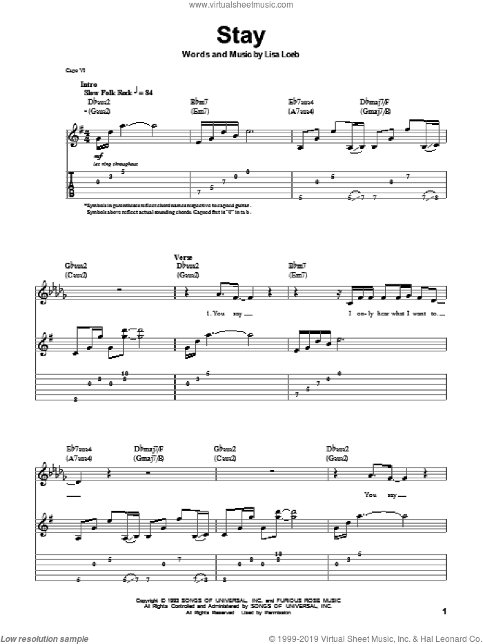 Stay sheet music for guitar (tablature, play-along) by Lisa Loeb, intermediate skill level