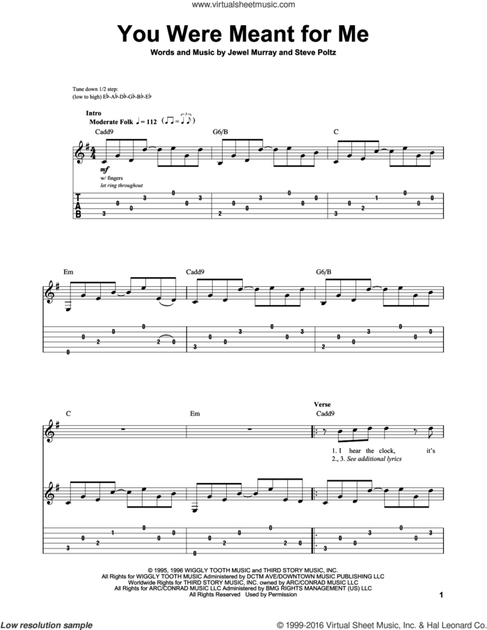 You Were Meant For Me sheet music for guitar (tablature, play-along) by Jewel, Jewel Kilcher and Steve Poltz, intermediate skill level