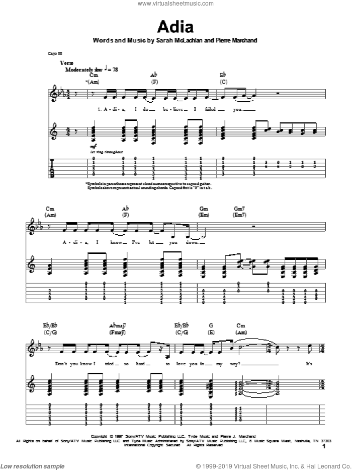 Adia sheet music for guitar (tablature, play-along) by Sarah McLachlan and Pierre Marchand, intermediate skill level